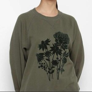 American Eagle Outfitters Olive Green Sweatshirt W/ Floral Detail, Women's Small
